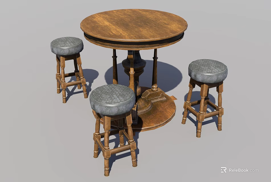 Three Wooden Leisure Chairs With Gray Padded Seats And Round Wooden Table 3d model